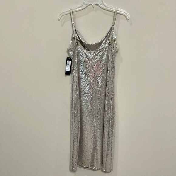 bebe Silver Sequin Slip Dress Sz XL NWT Cowl Neck Party Evening Sexy Mini - Picture 8 of 9